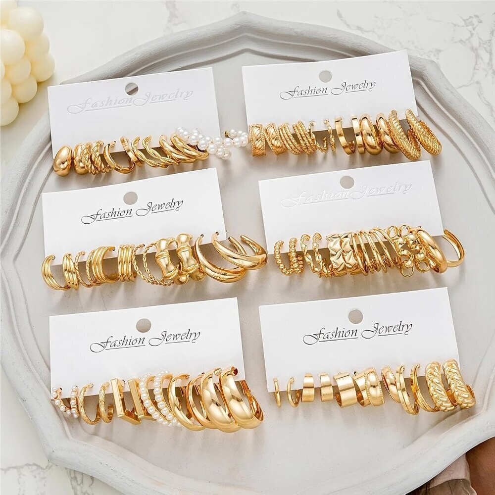 Gold Hoop Earrings Set 36 Pairs Mix of Sizes and Styles Hypoallergenic Jewelry - Picture 8 of 9